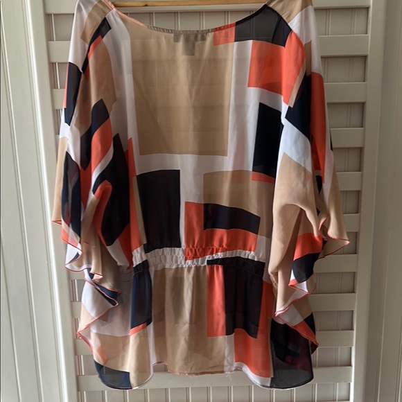 Ashley Stewart Tan and Orange Graphic Tie Front Blouse - Picture 5 of 5